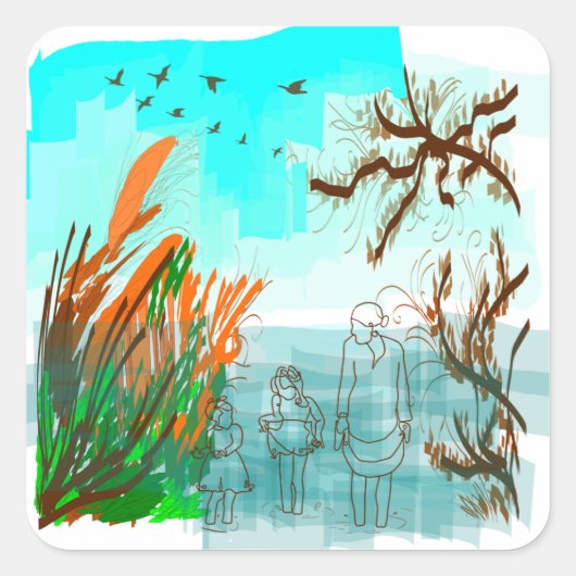 Fun Times met Grandma Contemmodern Uitzicht buiten Vierkante Sticker (Voorkant)