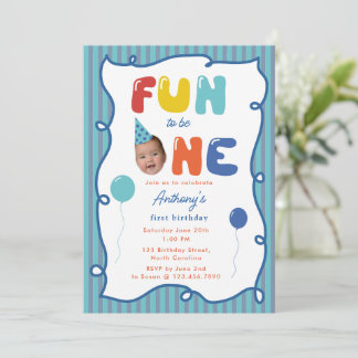 Fun to Be One Boy Birthday Party 1st Face Photo Kaart