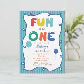 Fun to Be One Boy Birthday Party 1st Whimsical Kaart