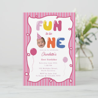 Fun to Be One Girl Birthday Party 1st Face Photo Kaart