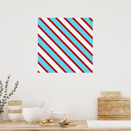 Fun Turquoise Blue Red en White Diagonal Stripes Poster (Keuken)