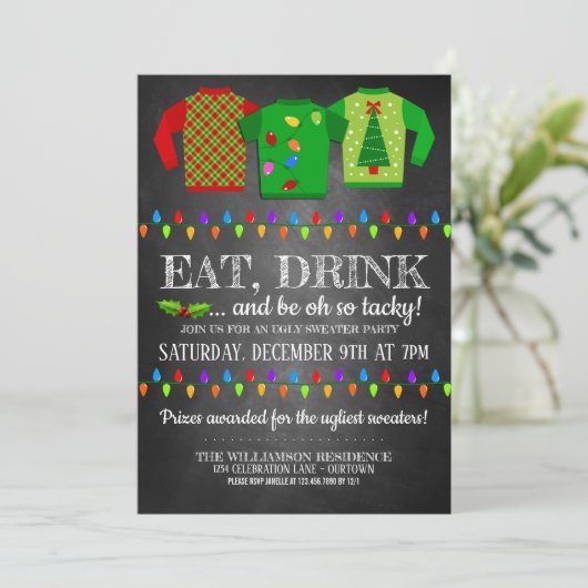 Fun Ugly kerst Sweater Party Invitation Kaart (Staand voorkant)