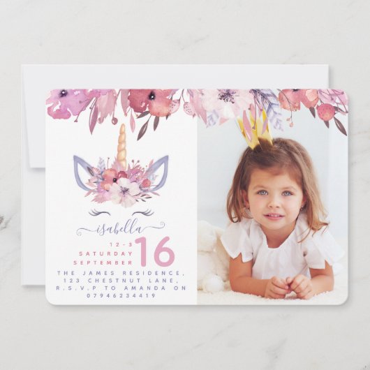 Fun Unicorn visage aquarelle photo invitation de l (Devant)