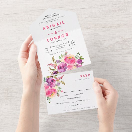 Fun Vibrant Violet Fuchsia Floral All In One Uitnodiging (Afscheurbaar)