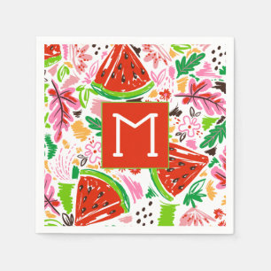 Fun Watermeloen en Bloemenpatroon Monogram Servet