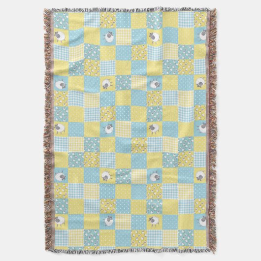 Fun Welsh Sheep Faux Patchwork Blue Gingham Deken (Voorkant Verticaal)