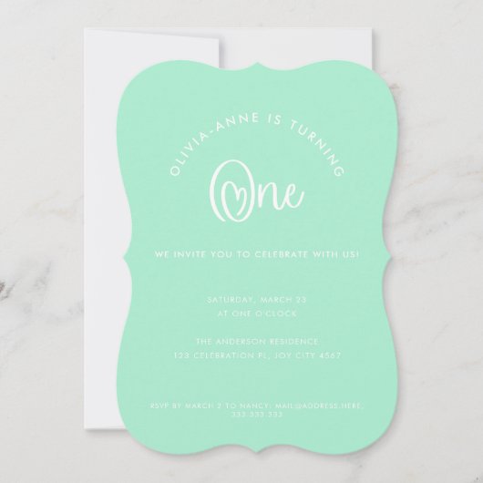 Fun Whimsical Mint Heart Script First Birthday Kaart (Voorkant)