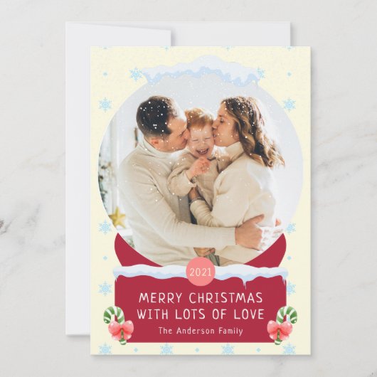 Fun White Joyeux Noël Snow Globe Carte photo (Devant)