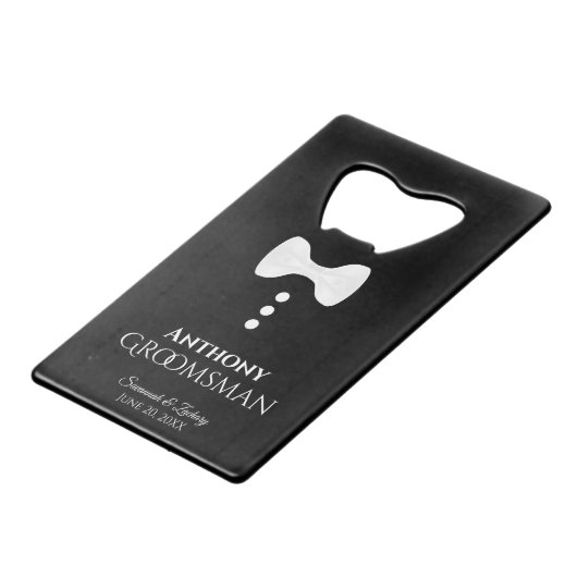 Fun White Stropdas Tuxedo Groomsman Weddenschap Kredietkaart Flessenopener (Achterkant Gekanteld)