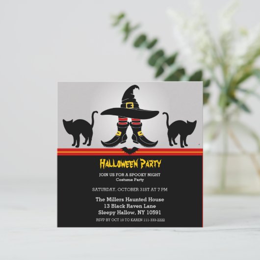 Fun Witchy Halloween Party Invitation Kaart (Staand voorkant)