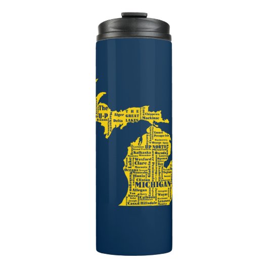 Fun Yellow en Navy Blue State of Michigan steden Thermosbeker (Voorkant)