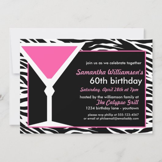 Fun Zebra Roze 60th Birthday Invitations Kaart (Voorkant)