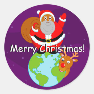 Fun zwarte kerstman op aarde, ronde sticker