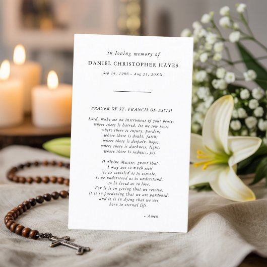 Funérailles Carte de prière St. Francis en noir et