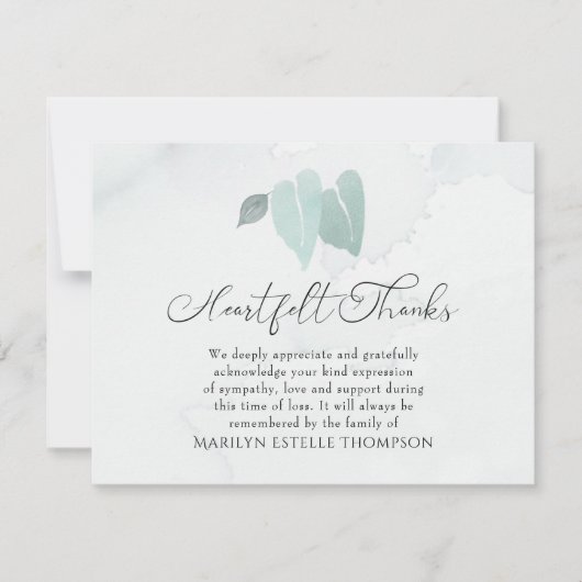 Funérailles coeur Merci Aquarelle Coeur Feuilles (Devant)