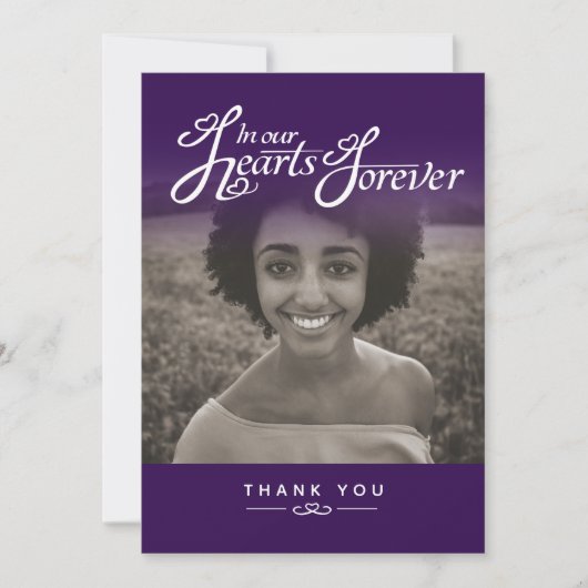 Funérailles dans nos coeurs violet carte de remerc (Devant)