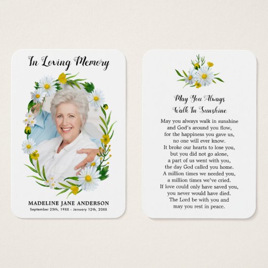 Funérailles Floral Daisy Photo Carte de prière com (Devant & derrière)