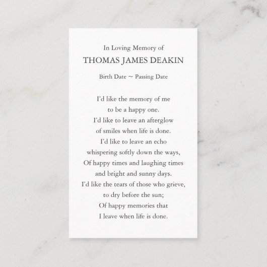 Funérailles Memorial Plage prière Cartes de sympat (Dos)