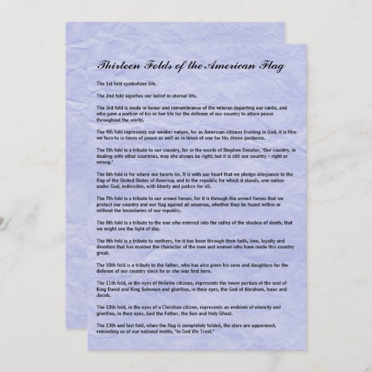 Funérailles militaires 13 plis de la carte drapeau (Devant / Derrière)