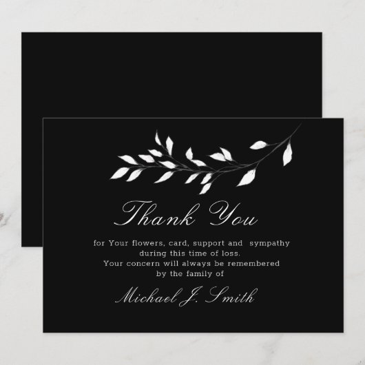 Funéraire Noir Élégant Carte de remerciements Flor (Devant / Derrière)