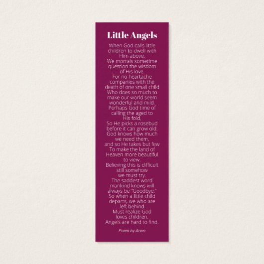 Funeral angel white star-gedicht bladwijzer mini visitekaartjes (Achterkant)