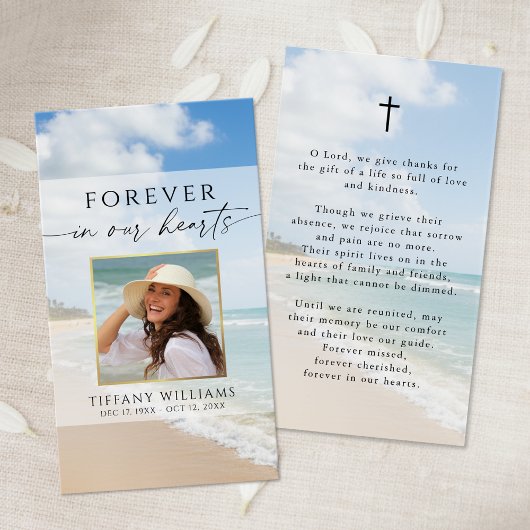 Funeral Beach Forever Hearts Photo Prayer Card
