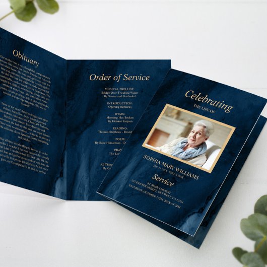 Funeral Blue & Gold Calligraphy Memorial Programme