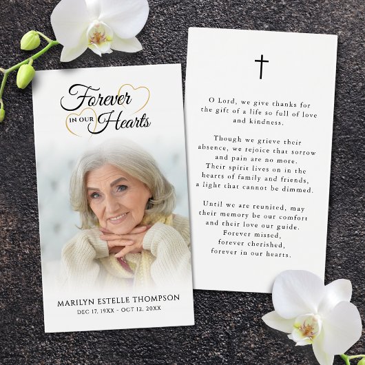 Funeral Forever Hearts Cross Photo Prayer Card