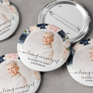 Funeral in Loating Memory Navy Pink Floral Photo Ronde Button 5,7 Cm
