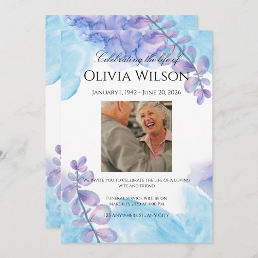 Funeral Invitation Template – Blue & Purple (Devant / Derrière)