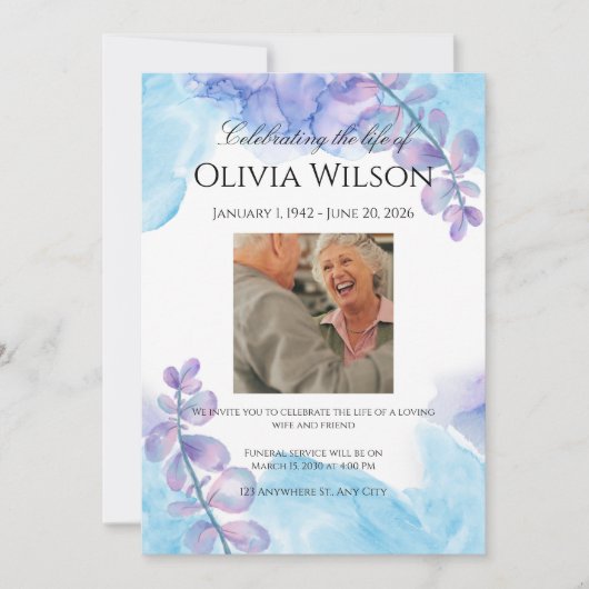 Funeral Invitation Template – Blue & Purple Kaart (Voorkant)