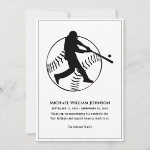 Funeral Memorial Black and White Baseball Batter Bedankkaart