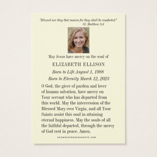 Funeral Memorial Prayer Floral Rosary Visitekaartje (Achterkant)