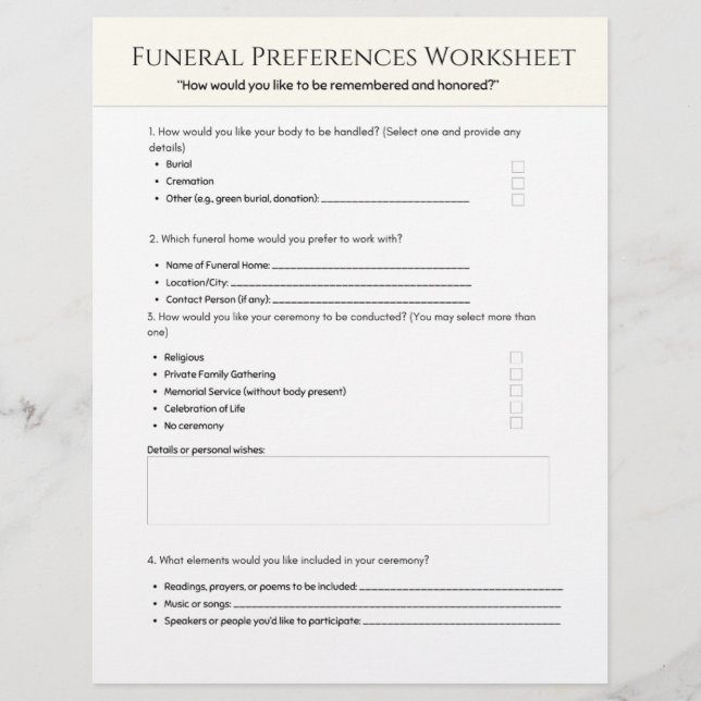  Funeral Preferences Worksheet Briefhoofd (Voorkant)