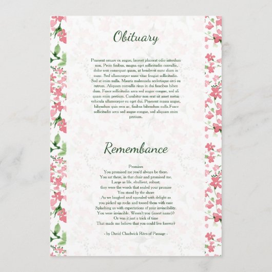 Funeral Program Card Programma (Achterkant)