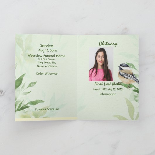 Funeral Program Custom Foliage Chickadee Bird Programma (Binnen)