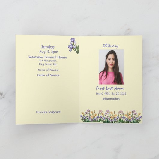 Funeral Program Custom Paars Yellow Iris Flower Programma (Binnen)