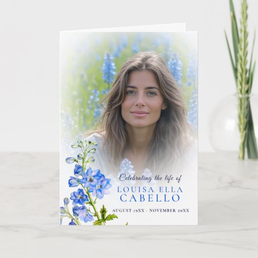 Funeral service program blue delphinium photos programma (Voorkant)