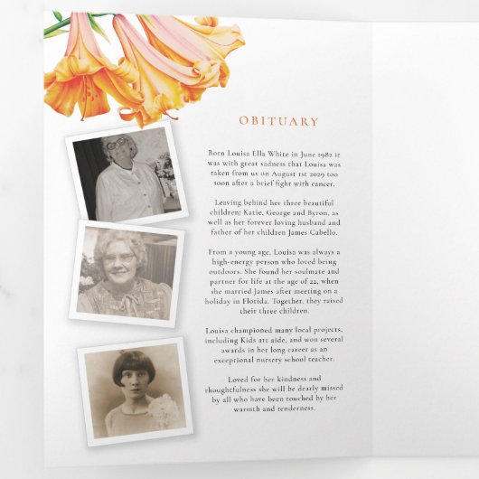 Funeral service programme oranje lily foto 6pp drieluik programma (Binnenzijde eerst)