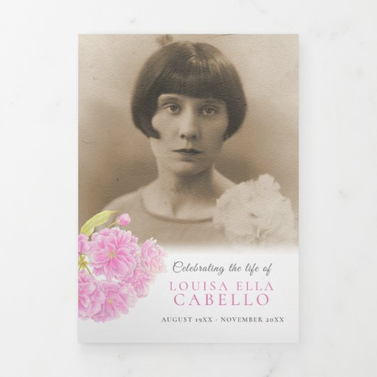 Funeral service programme roze blossom foto 6pp drieluik programma (Cover)