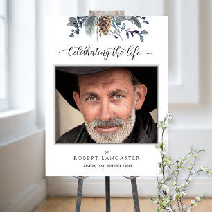 Funeral Welcome Photo Blue Rustic Foliage Sign Poster
