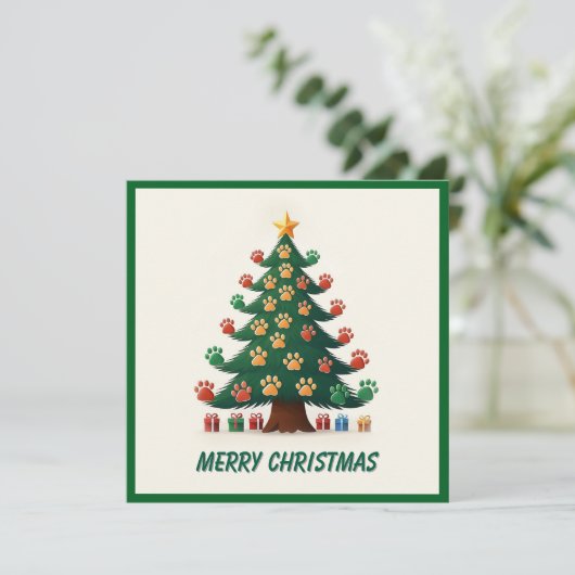 Funge dierpoten groene moderne kerstboom feestdagenkaart (Staand voorkant)