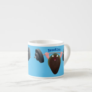 Funge mossel die aan het sporten is in een cartoon espresso kop