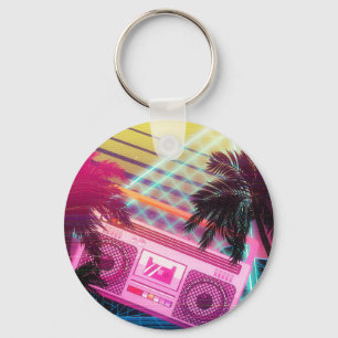 Funky 80s roze boombox met palmbomen sleutelhanger