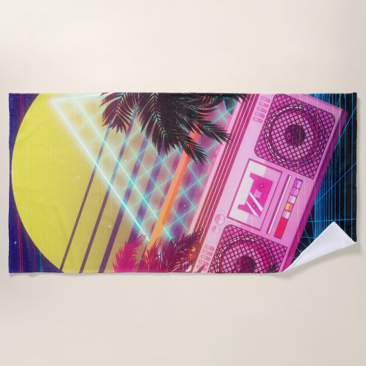 Funky 80s roze boombox met palmbomen strandlaken (Voorkant)