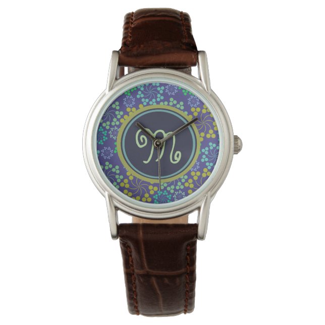 Funky Abstract Blue Floral Pattern Monogram Horloge (Voorkant)