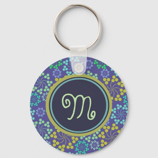 Funky Abstract Blue Floral Pattern Monogram Sleutelhanger (Voorkant)