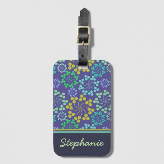 Funky Abstract Blue Floral Pattern Personalized Bagagelabel (Voorkant (verticaal))