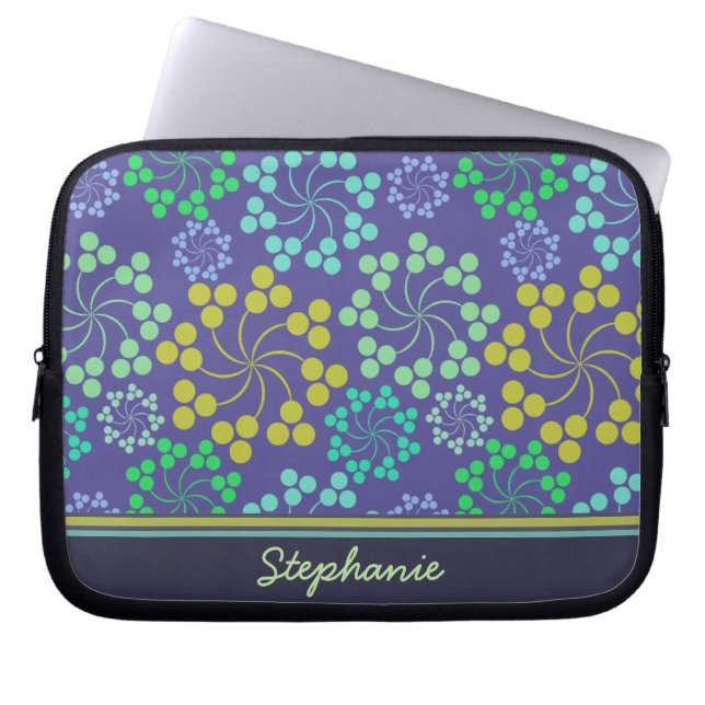 Funky Abstract Blue Floral Pattern Personalized Laptop Sleeve (Voorkant)