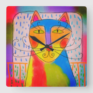 Funky Abstract Cat Art Vierkante Klok